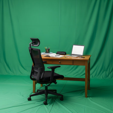 An empty office desk with a laptop and chair is set up against a wrinkled green screen backdrop, ready for virtual production.の素材