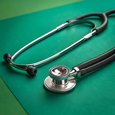 A detailed view of a stethoscope, a medical instrument used for listening to internal body sounds, rests on a green background.の素材