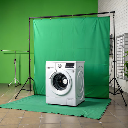 A white washing machine is positioned in a studio with a large green screen backdrop and floor mat for chroma keying.の素材