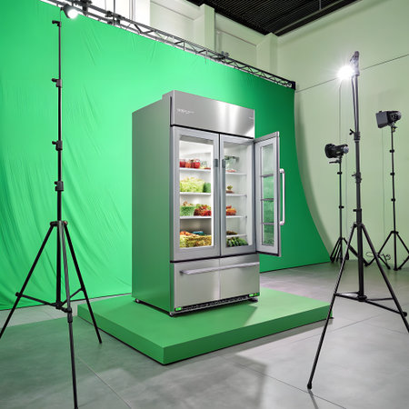 A stainless steel refrigerator with open doors is illuminated in a studio with a green screen and professional lighting equipment.の素材