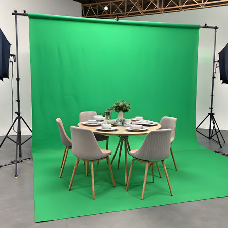 A circular dining table set for a meal is positioned in front of a vibrant green screen backdrop with studio lighting.の素材
