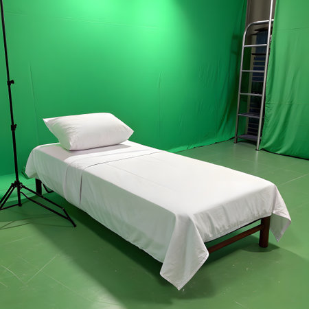 A single bed with white sheets and a pillow sits in a room with a green screen backdrop and a ladder.の素材