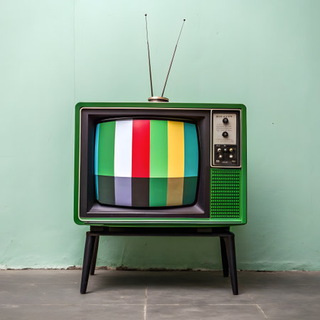 An old-fashioned green television set with rabbit ear antennas displays a colorful test pattern on its screen against a light blue wall.の素材