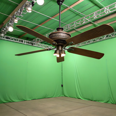 A dark, ornate vintage ceiling fan with integrated lights hangs from the ceiling in a studio space with a green screen backdrop.の素材