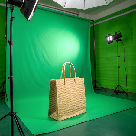 A woven bag is centrally placed on a studio floor in front of a bright green screen with professional lighting equipment.の素材