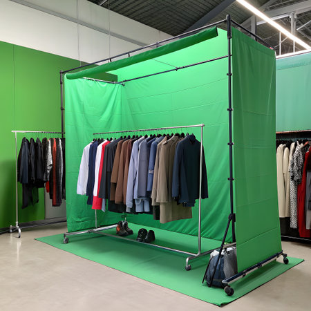 A professional setup for fashion photography or video production featuring a clothing rack and a vibrant green screen enclosure.の素材