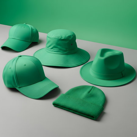 Several green hats of different styles are artfully arranged on a speckled grey surface with a bright green background.の素材