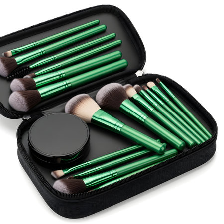 A collection of green handled makeup brushes neatly arranged inside a black zippered case, ready for travel or storage.の素材
