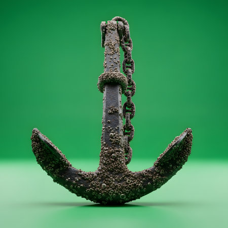 A weathered, corroded anchor stands upright against a striking green backdrop, showcasing its historical texture and form.の素材