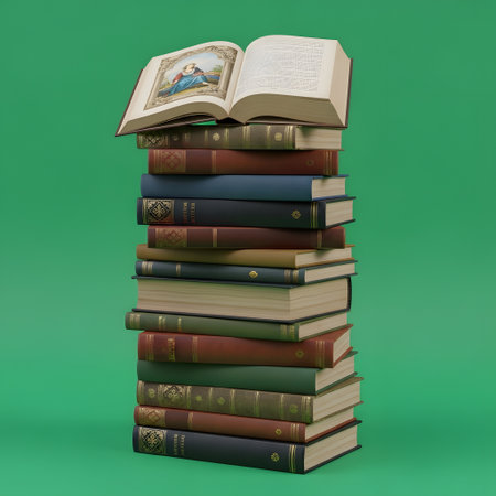 A tall, vertical stack of old books in various colors and sizes, with two open books at the very top.の素材