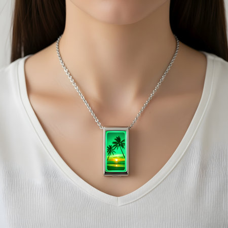 A woman wears a silver chain necklace featuring a rectangular pendant with a bright, colorful green landscape scene inside.の素材