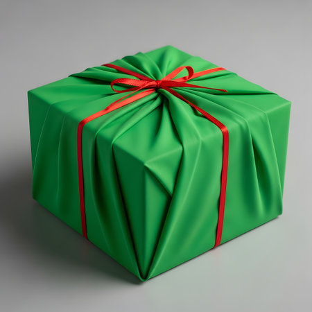 A neatly wrapped green gift box with a red ribbon tied in a bow on top, presented against a plain background.の素材