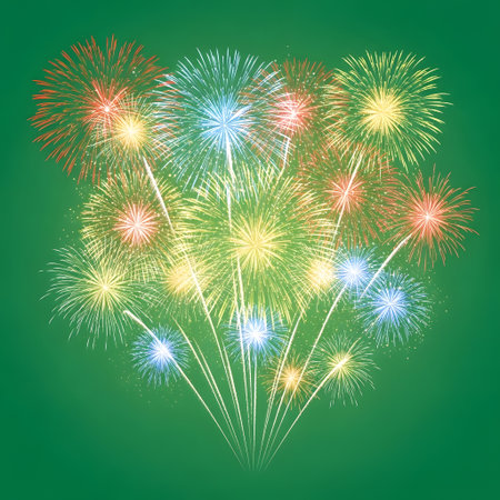 A spectacular display of multi-colored fireworks erupts against a deep green backdrop, creating a festive and celebratory atmosphere.の素材