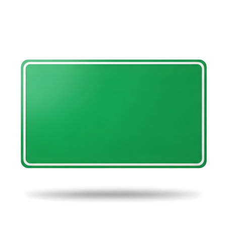 A blank green rectangular sign with a white border casts a subtle shadow on a white background. It's ready for custom text.の素材
