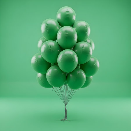 A festive arrangement of numerous green balloons clustered together to resemble a Christmas tree, presented against a solid green backdrop.の素材