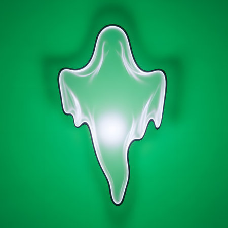 A translucent, glowing ghost shape floats against a bright green backdrop, casting a subtle shadow.の素材