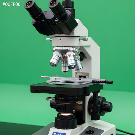 A detailed view of a modern laboratory microscope, featuring multiple objective lenses and a sturdy base, set against a vibrant green backdrop.の素材