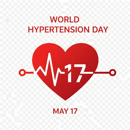 A red heart with a heartbeat line and the number 17, signifying World Hypertension Day on May 17.の素材