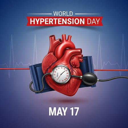 A realistic human heart connected to a blood pressure cuff, symbolizing World Hypertension Day and the importance of monitoring blood pressure.の素材