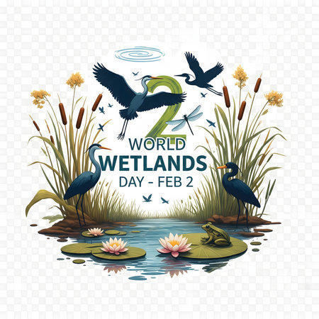 A vibrant illustration for World Wetlands Day featuring graceful birds, cattails, lily pads, and frogs in a serene wetland habitat.の素材