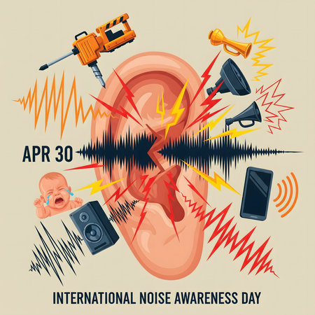 A graphic depicting various loud noises and sound waves impacting a human ear, symbolizing noise pollution and awareness.の素材