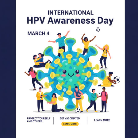 A vibrant illustration for International HPV Awareness Day, featuring a friendly cartoon virus surrounded by diverse people celebrating and raising awareness.の素材