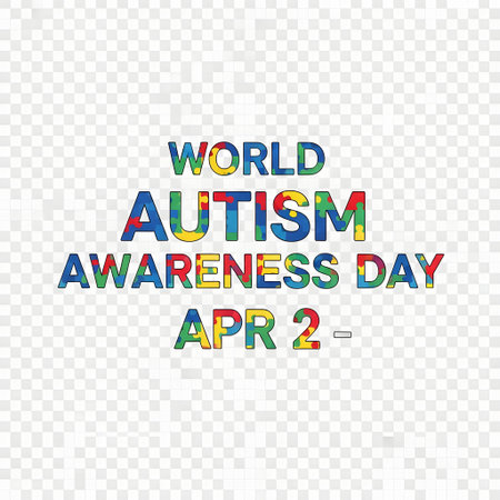 Colorful text announcing World Autism Awareness Day on April 2. The letters are filled with a rainbow of colors.の素材