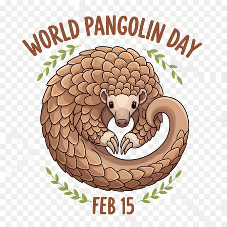 A charming illustration of a pangolin curled into a ball, celebrating World Pangolin Day on February 15th with decorative leaves.の素材