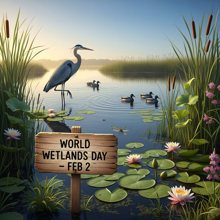 A majestic heron stands in a tranquil wetland, surrounded by lily pads, reeds, and a sign celebrating World Wetlands Day.の素材