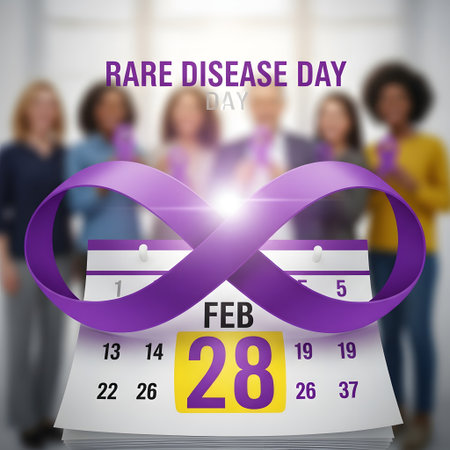 A purple infinity ribbon overlaying a calendar showing February 28th, with blurred figures of people in the background, symbolizing rare disease awareness.の素材