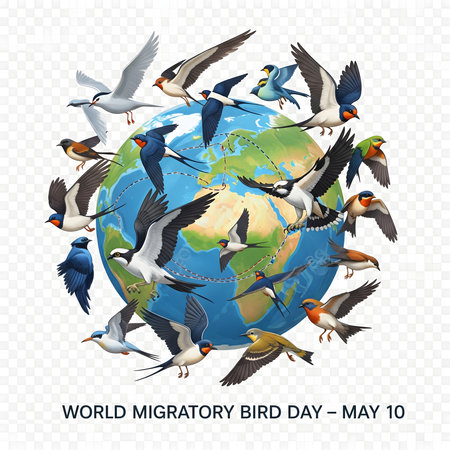 A vibrant illustration depicts numerous migratory birds in flight, encircling a stylized Earth, celebrating World Migratory Bird Day.の素材
