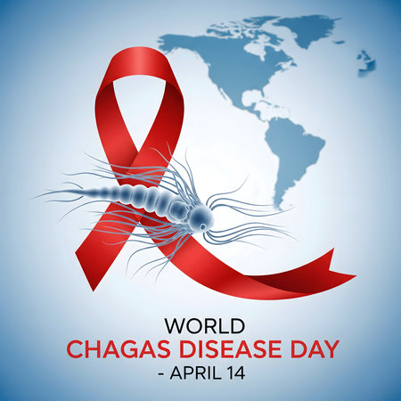 A red awareness ribbon is superimposed on a world map, with an insect vector representing Chagas disease transmission.の素材