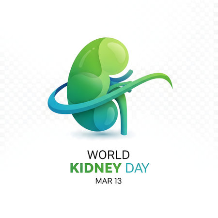 A stylized green kidney with a blue artery wrapped around it, promoting World Kidney Day on March 13th.の素材