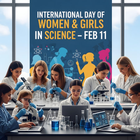 A diverse group of women and girls engaged in scientific experiments in a laboratory setting, celebrating International Day of Women and Girls in Science.の素材