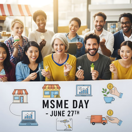 A diverse group of smiling people hold up items, celebrating MSME Day with various business-related icons displayed below.の素材