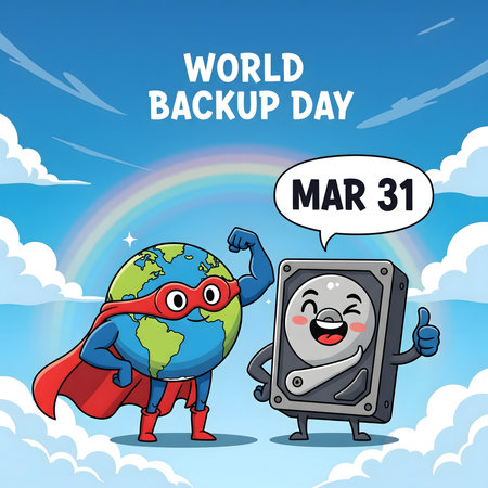A superhero Earth and a smiling hard drive give thumbs up on World Backup Day, March 31, under a rainbow.の素材