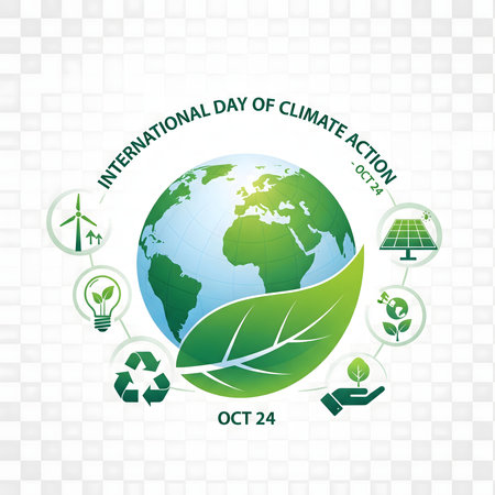 The Earth is surrounded by symbols of renewable energy and environmental protection, highlighting climate action and sustainability.の素材