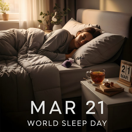 A woman sleeps soundly in a cozy bed, with a bedside table holding a drink and a book, celebrating World Sleep Day.の素材