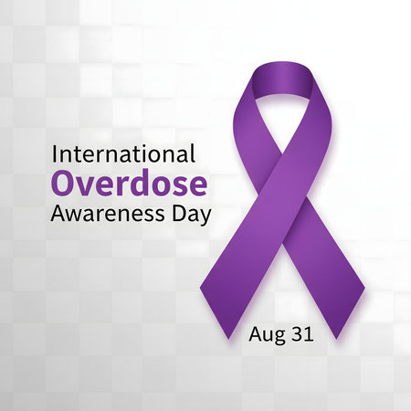 A purple ribbon symbolizes International Overdose Awareness Day on August 31st, promoting remembrance and prevention.の素材