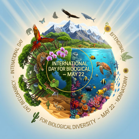 A circular depiction of Earth showcasing diverse ecosystems, wildlife, and marine life, celebrating biological diversity.の素材