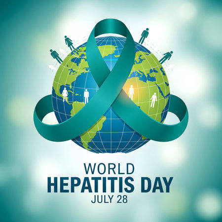 A teal ribbon encircles a stylized Earth, symbolizing global awareness and support for World Hepatitis Day on July 26th.の素材