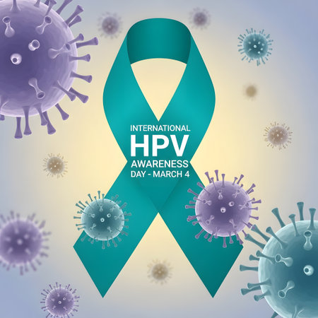 A teal ribbon symbolizing HPV awareness is depicted amidst illustrations of virus particles, promoting education and prevention.の素材