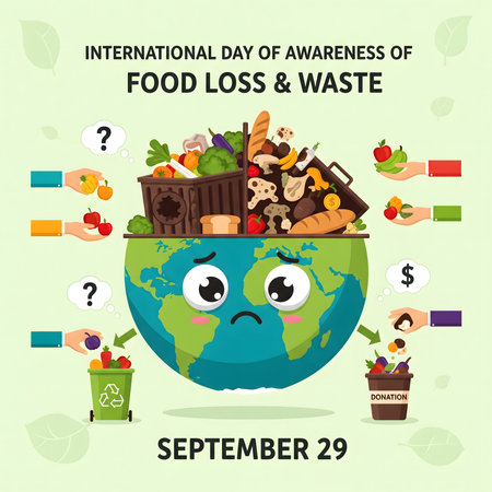 A sad Earth graphic illustrates the problem of food loss and waste, with overflowing bins and discarded food items shown around it.の素材