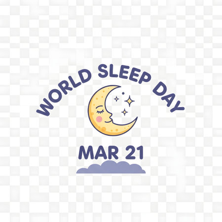 A whimsical illustration for World Sleep Day featuring a smiling crescent moon with stars and the date March 21.の素材