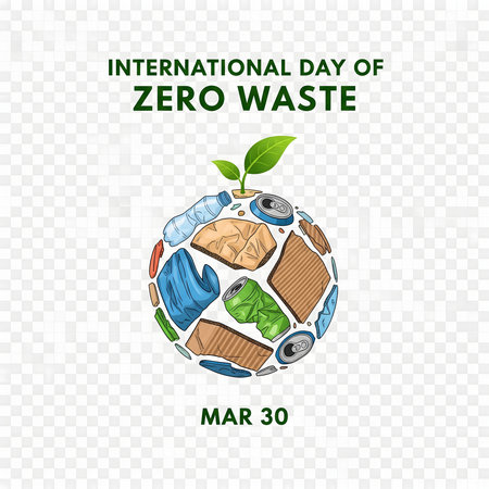 A globe made of recycled materials with a green sprout growing from the top, symbolizing zero waste and environmental sustainability.の素材