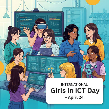 A vibrant illustration depicts young girls actively participating in technology, celebrating International Girls in ICT Day on April 24th.の素材