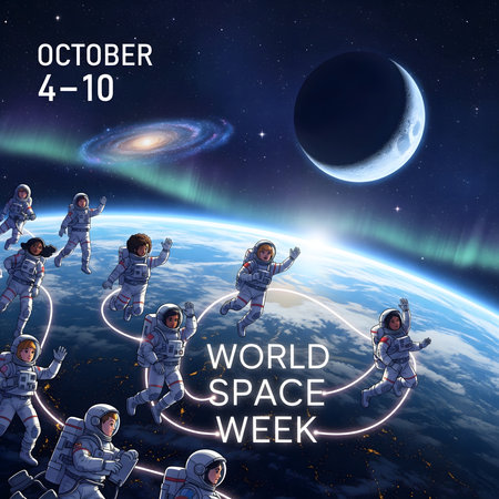 A group of astronauts float in space near Earth, celebrating World Space Week with a crescent moon and aurora borealis.の素材