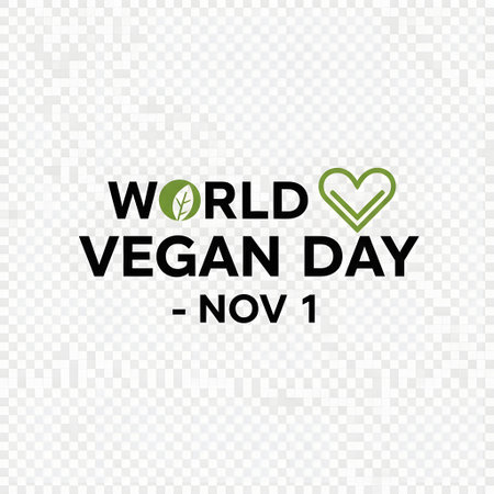 A black and white graphic with green accents celebrating World Vegan Day on November 1st, featuring text and a heart symbol.の素材