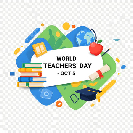 A vibrant illustration celebrating World Teachers Day on October 5th, featuring books, an apple, a graduation cap, and a globe.の素材