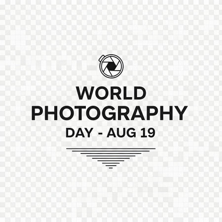 A graphic celebrating World Photography Day on August 19 features a camera aperture logo and bold text.の素材